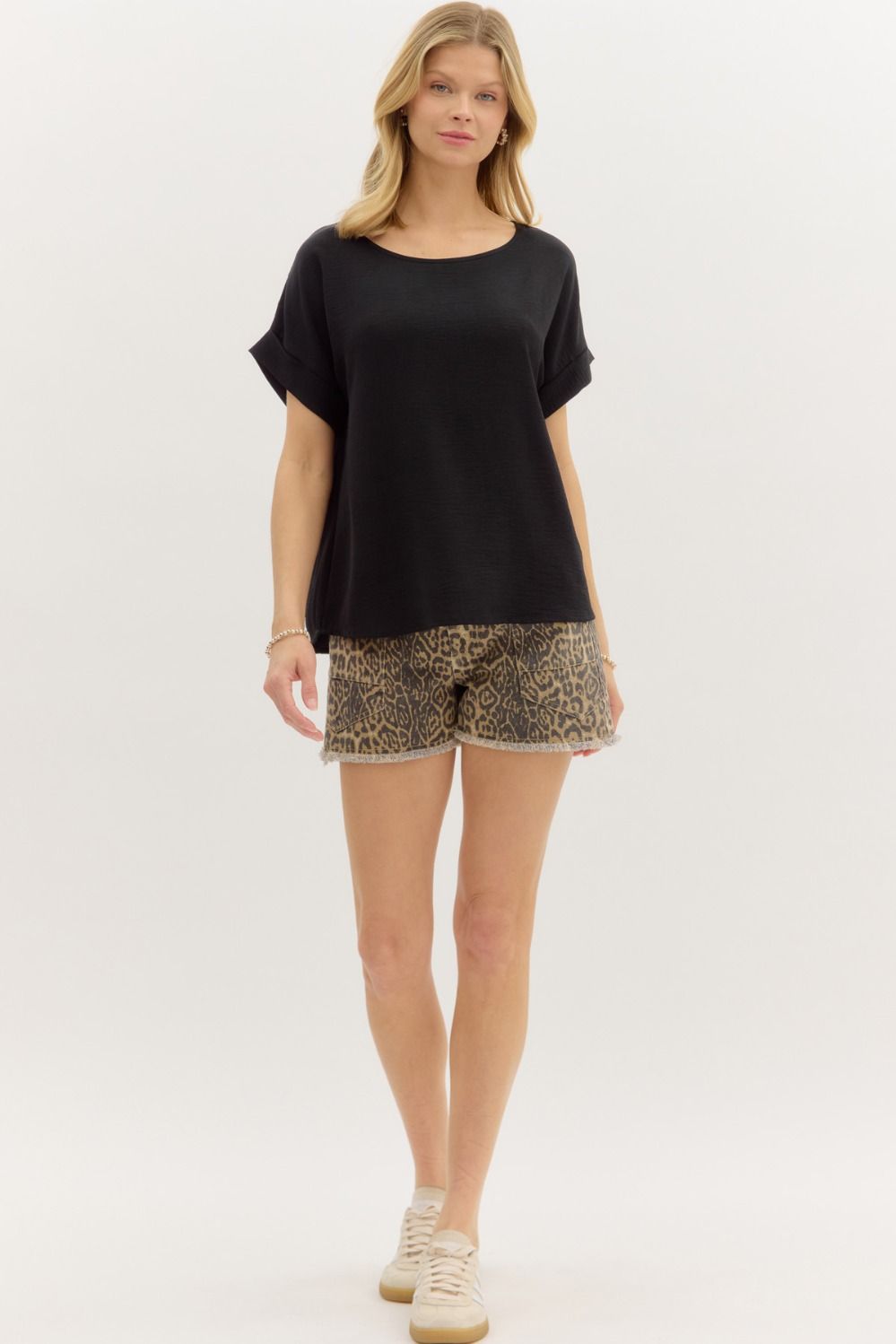 ENTRO INC Women's Top 1 - need pics of camel - Round Neck Short Sleeve Roll-Up Top