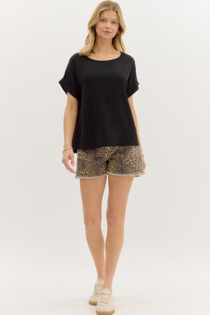 ENTRO INC Women's Top 1 - need pics of camel - Round Neck Short Sleeve Roll-Up Top