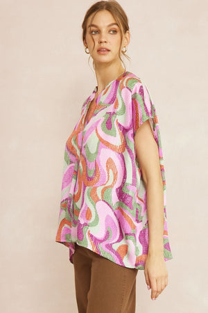 ENTRO INC Women's Top Abstract Print Short Sleeve Top || David's Clothing