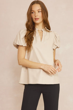 ENTRO INC Women's Top ALMOND / S Faux Leather Short Sleeve V-Neck Top || David's Clothing T21104
