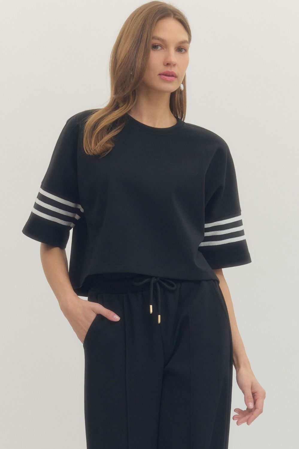 ENTRO INC Women's Top BLACK / S Crew Neck 3 Stripe Sleeve Top T30626