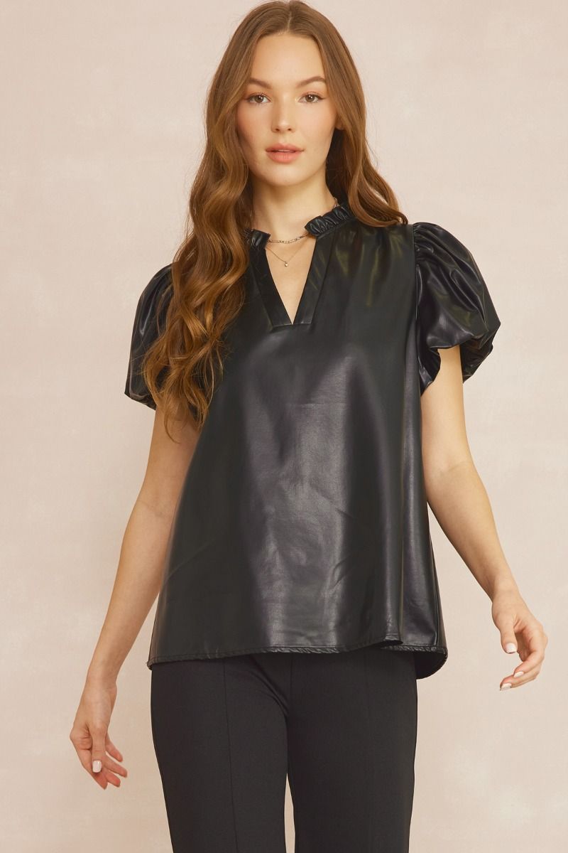 ENTRO INC Women's Top BLACK / S Faux Leather Short Sleeve V-Neck Top || David's Clothing T21104
