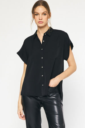 ENTRO INC Women's Top BLACK / S Solid Button Down Collared Top || David's Clothing T21244
