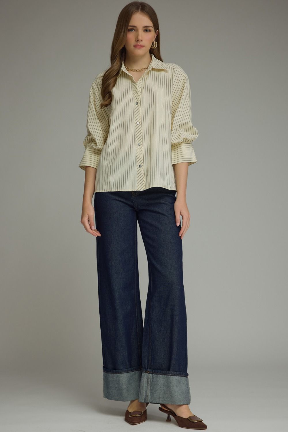 ENTRO INC Women's Top Bunched Sleeve Striped Button Down Top