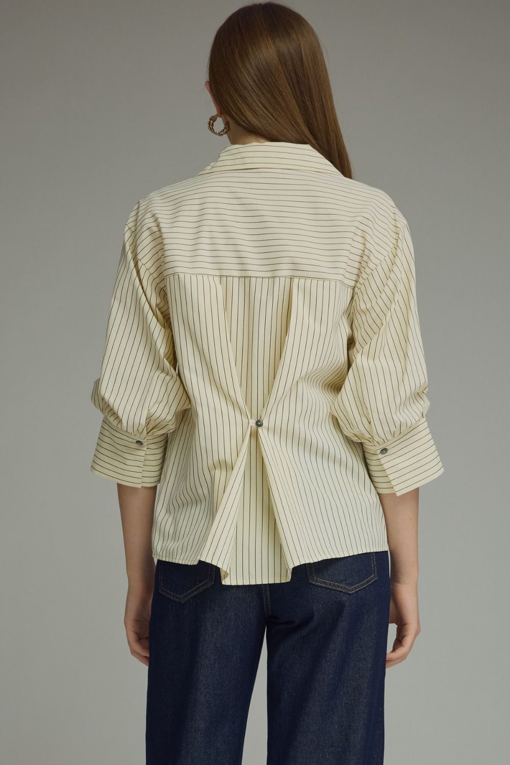 ENTRO INC Women's Top Bunched Sleeve Striped Button Down Top