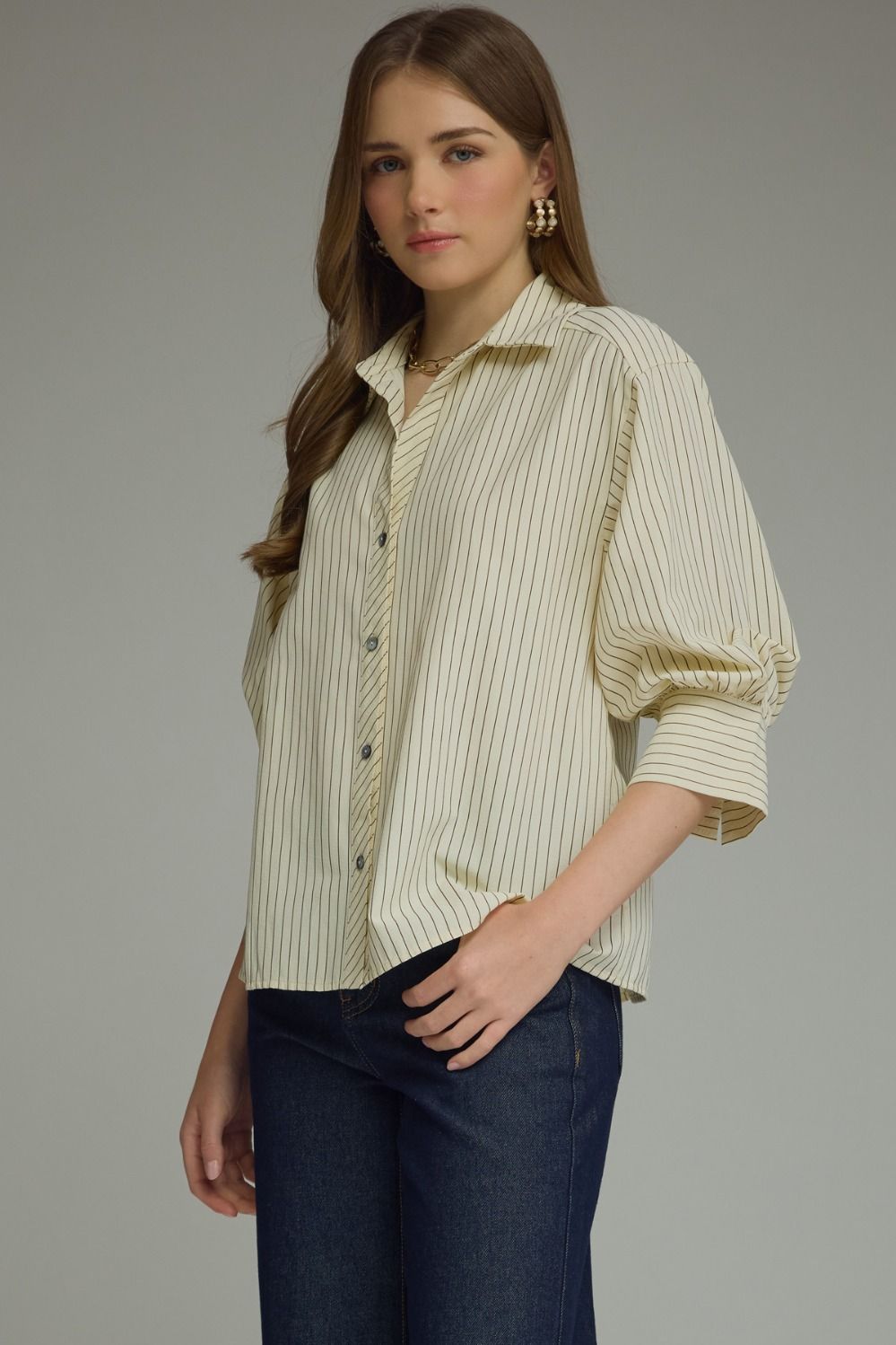 ENTRO INC Women's Top Bunched Sleeve Striped Button Down Top