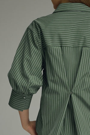 ENTRO INC Women's Top Bunched Sleeve Striped Button Down Top