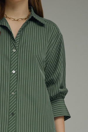 ENTRO INC Women's Top Bunched Sleeve Striped Button Down Top