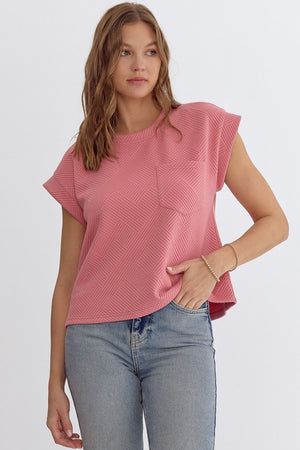 ENTRO INC Women's Top CORAL PI / S Textured Round Neck Short Sleeve Cropped Top || David's Clothing T22411