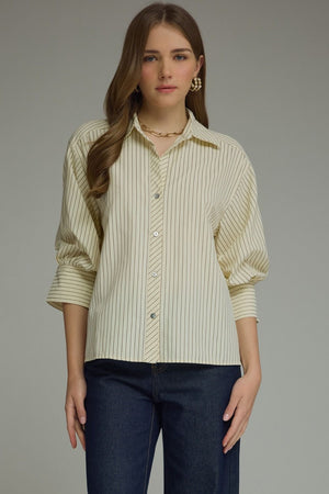 ENTRO INC Women's Top ECRU / S Bunched Sleeve Striped Button Down Top T32328
