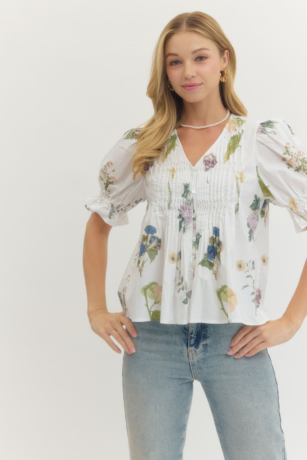 ENTRO INC Women's Top Floral Print Short Puff Sleeve Blouse