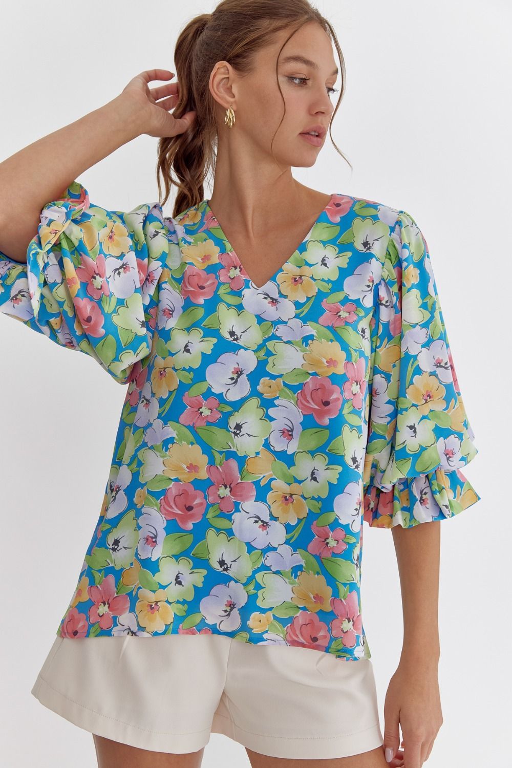 ENTRO INC Women's Top Floral Print V-Neck 3/4 Sleeve Top || David's Clothing