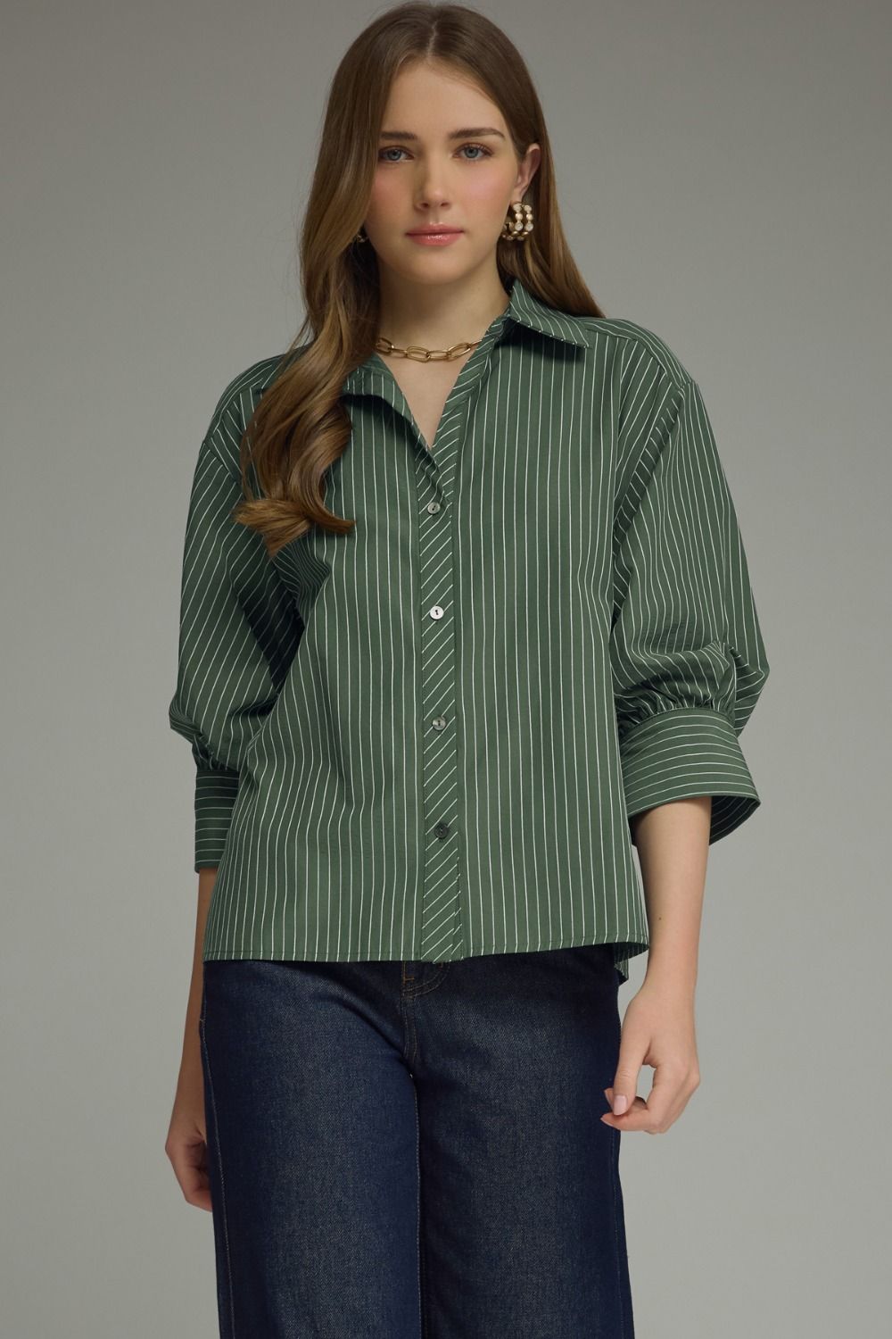 ENTRO INC Women's Top FOREST / S Bunched Sleeve Striped Button Down Top T32328