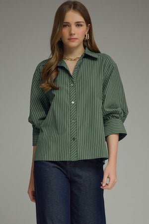 ENTRO INC Women's Top FOREST / S Bunched Sleeve Striped Button Down Top T32328