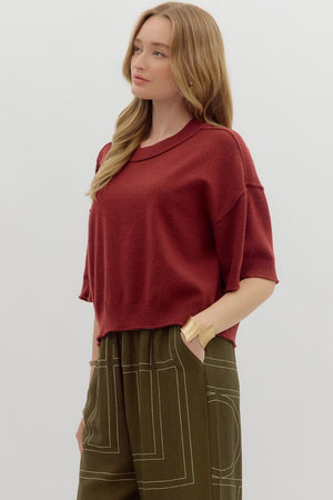 ENTRO INC Women's Top GARNET / S Solid Sweater Knit ¾ Wide Sleeve Pullover T27618