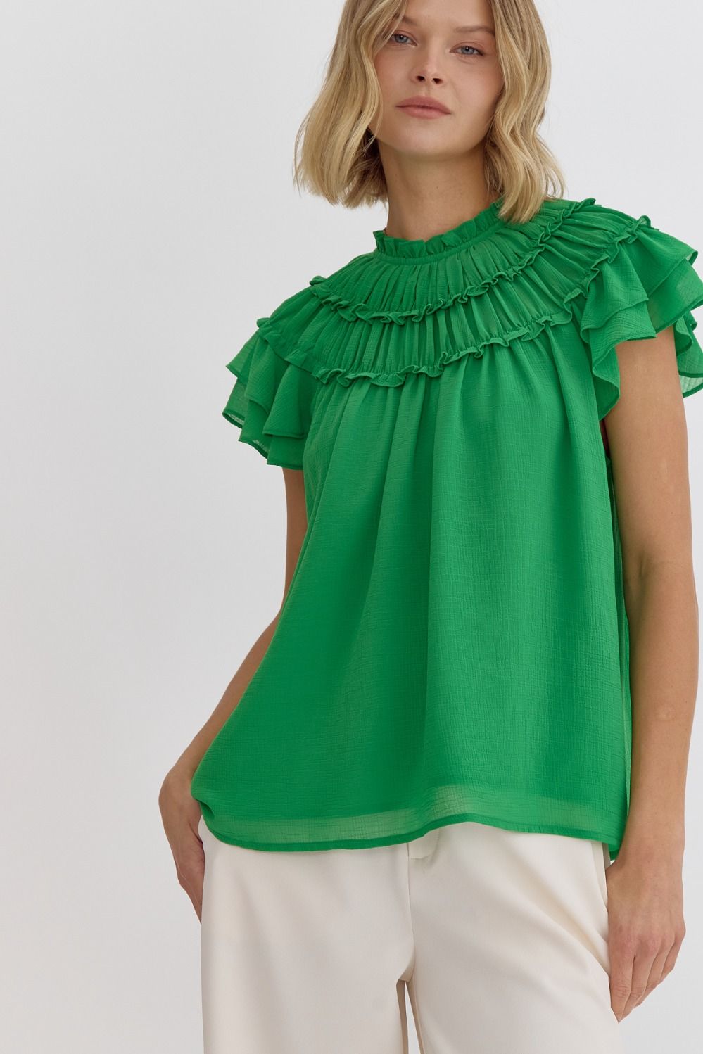 ENTRO INC Women's Top GREEN / S Pleated Ruffle Short Sleeve Top || David's Clothing T23160