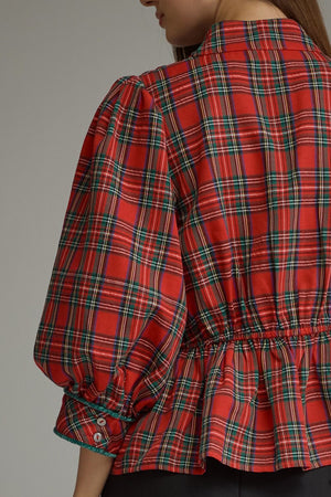ENTRO INC Women's Top Holiday Plaid Peplum Top with Traditional Knot Details
