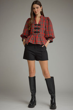 ENTRO INC Women's Top Holiday Plaid Peplum Top with Traditional Knot Details