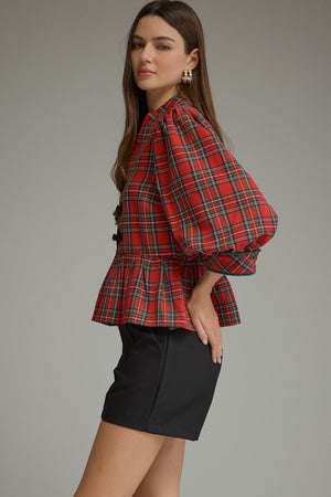 ENTRO INC Women's Top Holiday Plaid Peplum Top with Traditional Knot Details