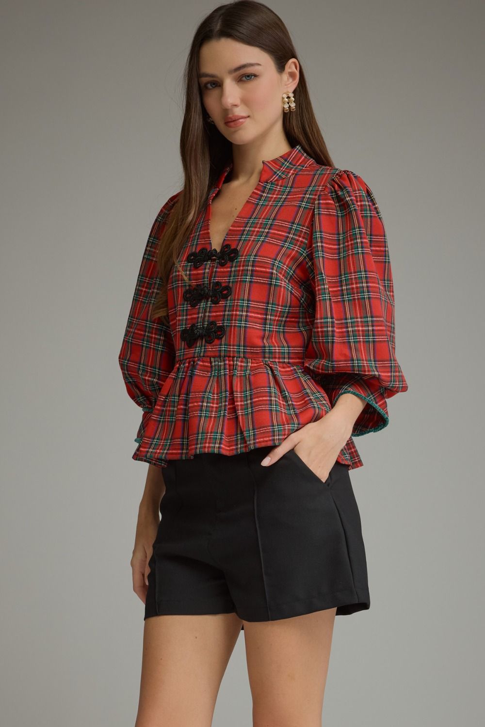 ENTRO INC Women's Top Holiday Plaid Peplum Top with Traditional Knot Details