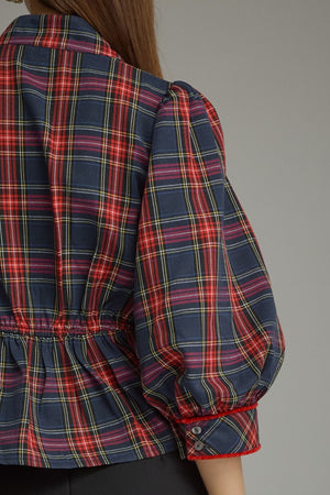 ENTRO INC Women's Top Holiday Plaid Peplum Top with Traditional Knot Details