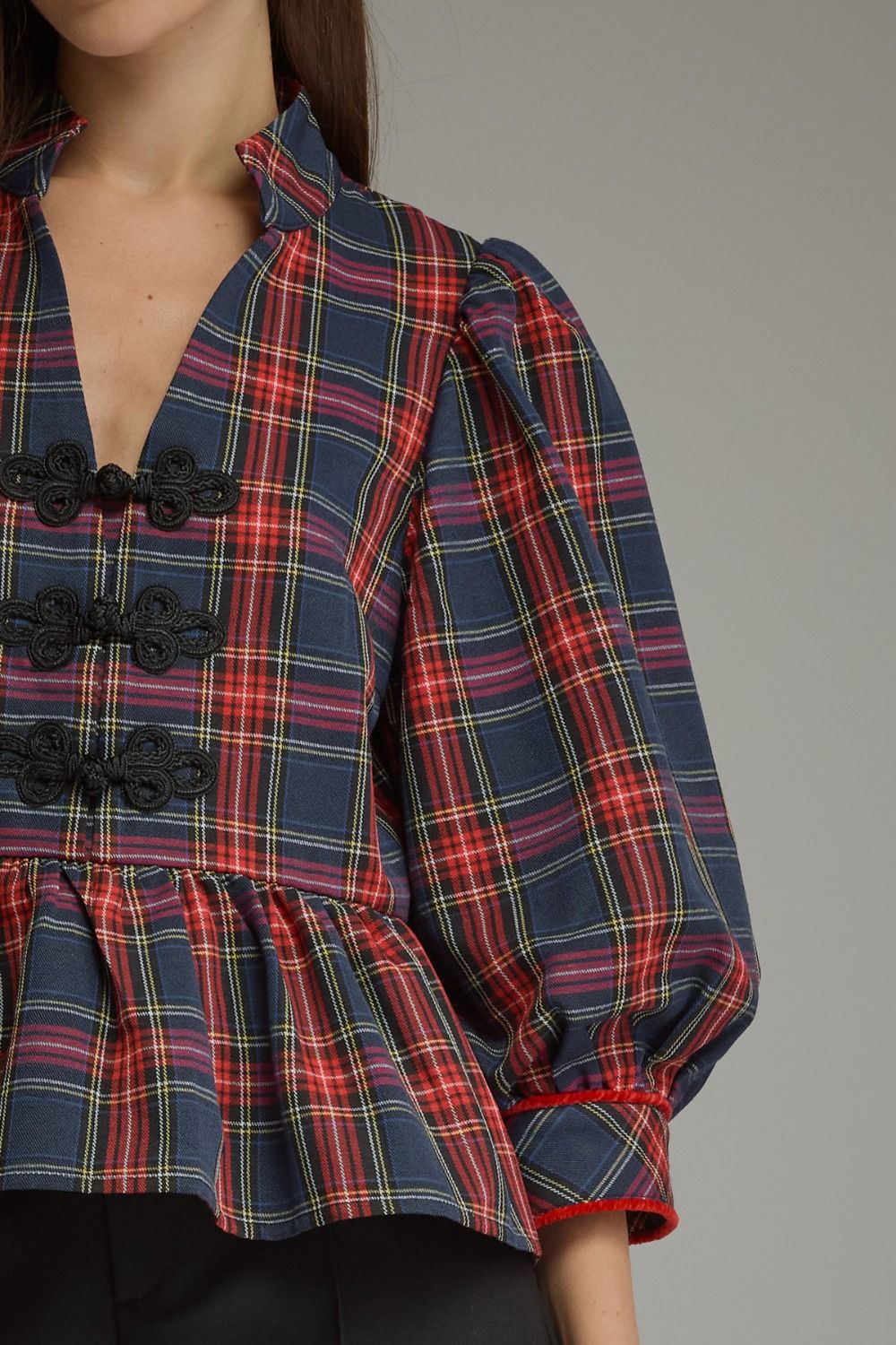 ENTRO INC Women's Top Holiday Plaid Peplum Top with Traditional Knot Details