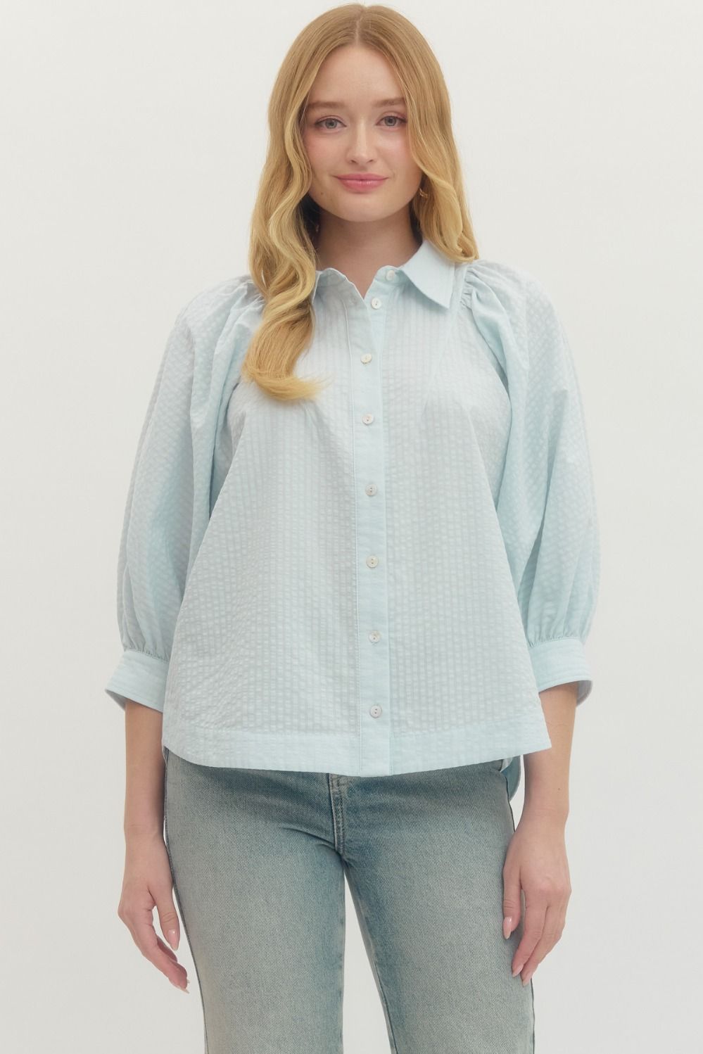 ENTRO INC Women's Top LT BLUE / S Solid textured 3/4 sleeve top T29361