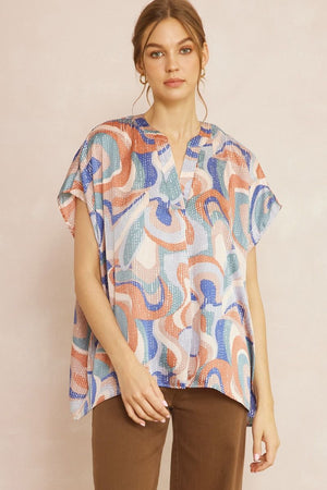 ENTRO INC Women's Top MOCHA / S Abstract Print Short Sleeve Top || David's Clothing 7186