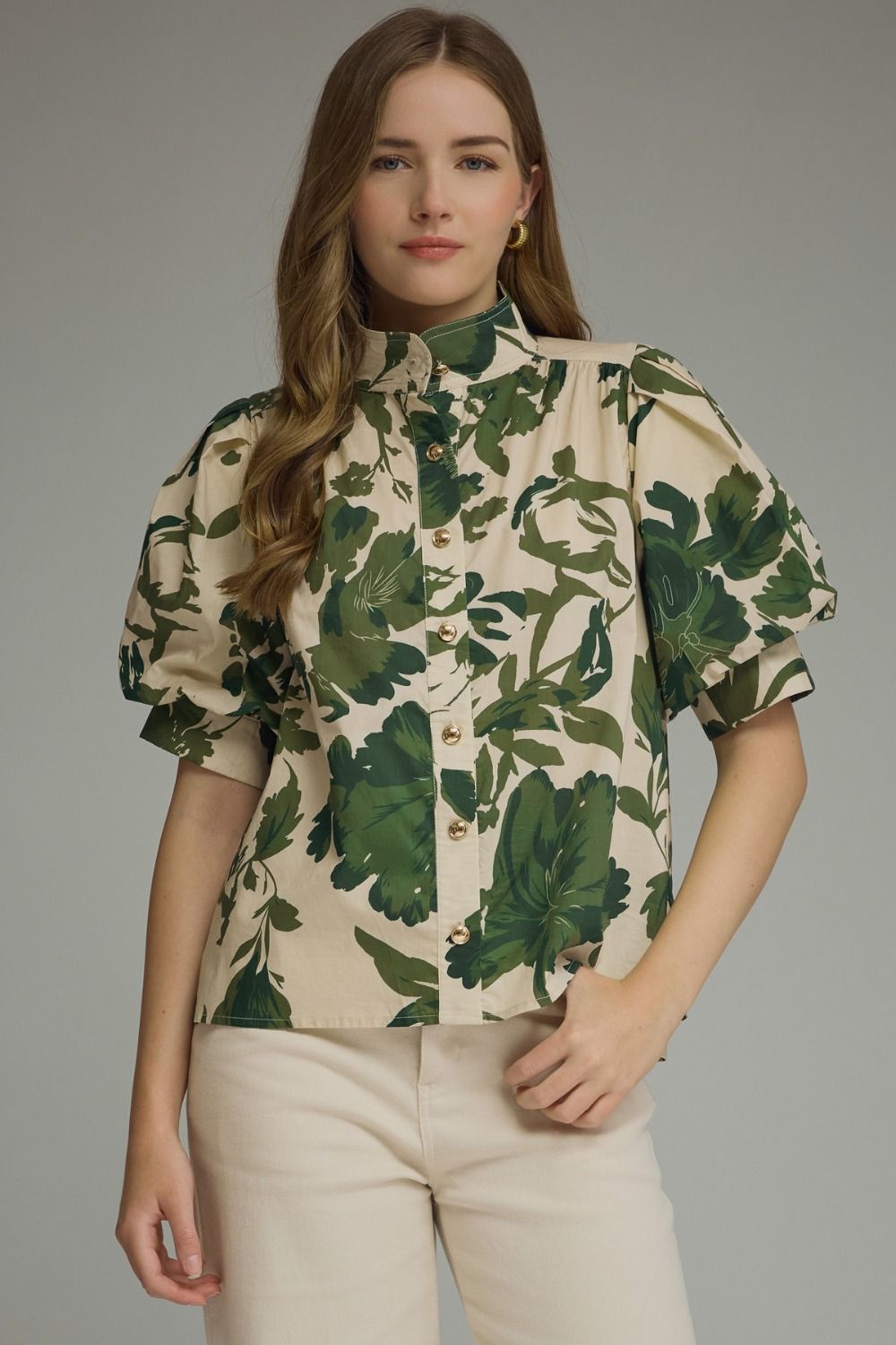 ENTRO INC Women's Top OLIVE / S Printed short puff sleeve top T32550