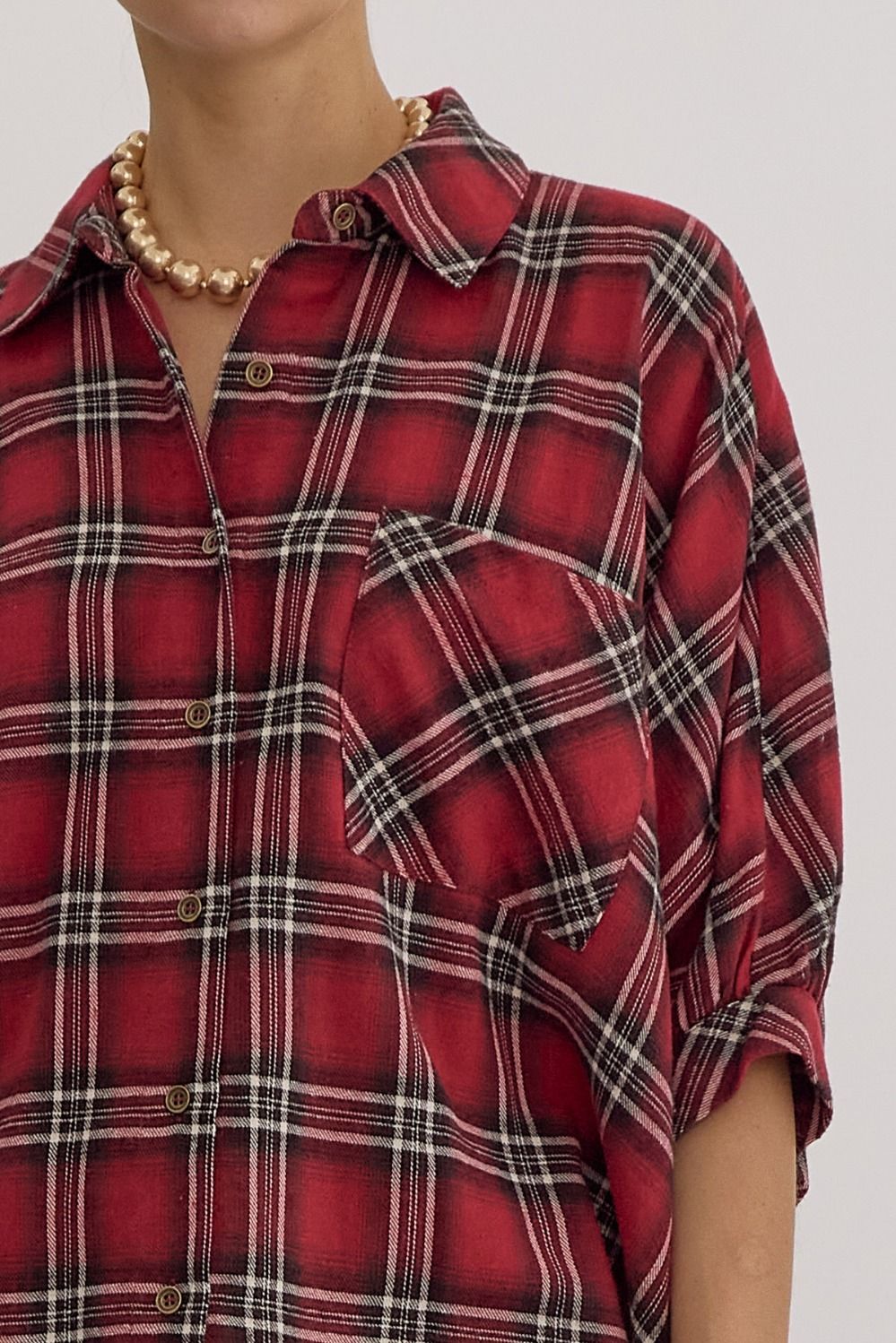 ENTRO INC Women's Top Oversize Plaid Button Down Half Sleeve Top || David's Clothing