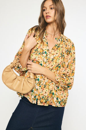 ENTRO INC Women's Top PERSIMMON / S Floral Print Long Sleeve Top || David's Clothing T21184