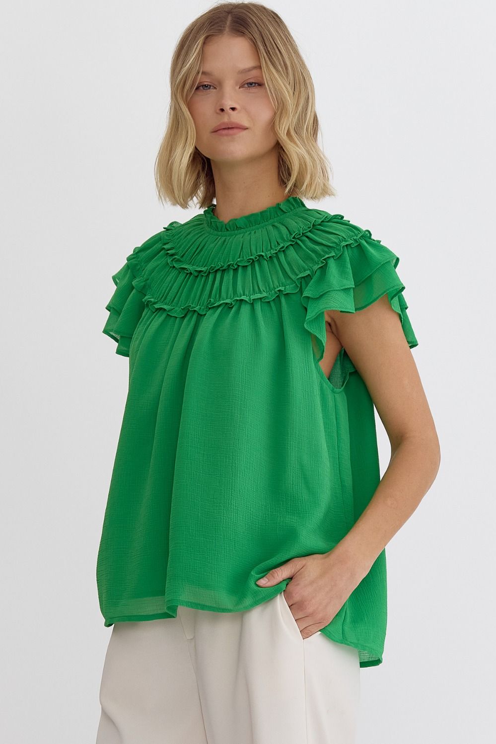 ENTRO INC Women's Top GREEN / S Pleated Ruffle Short Sleeve Top || David's Clothing T23160