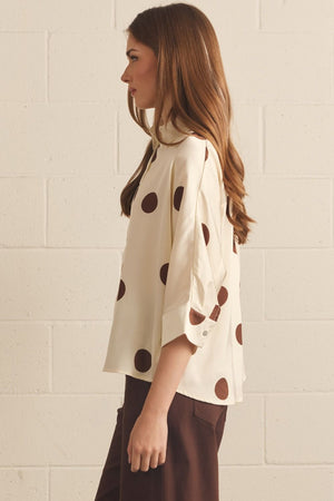 ENTRO INC Women's Top Polka Dot Collared 3/4 Sleeve Top