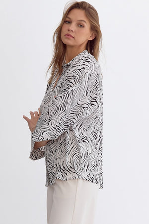 ENTRO INC Women's Top Printed 3/4 Sleeve Button Down Collared Top || David's Clothing
