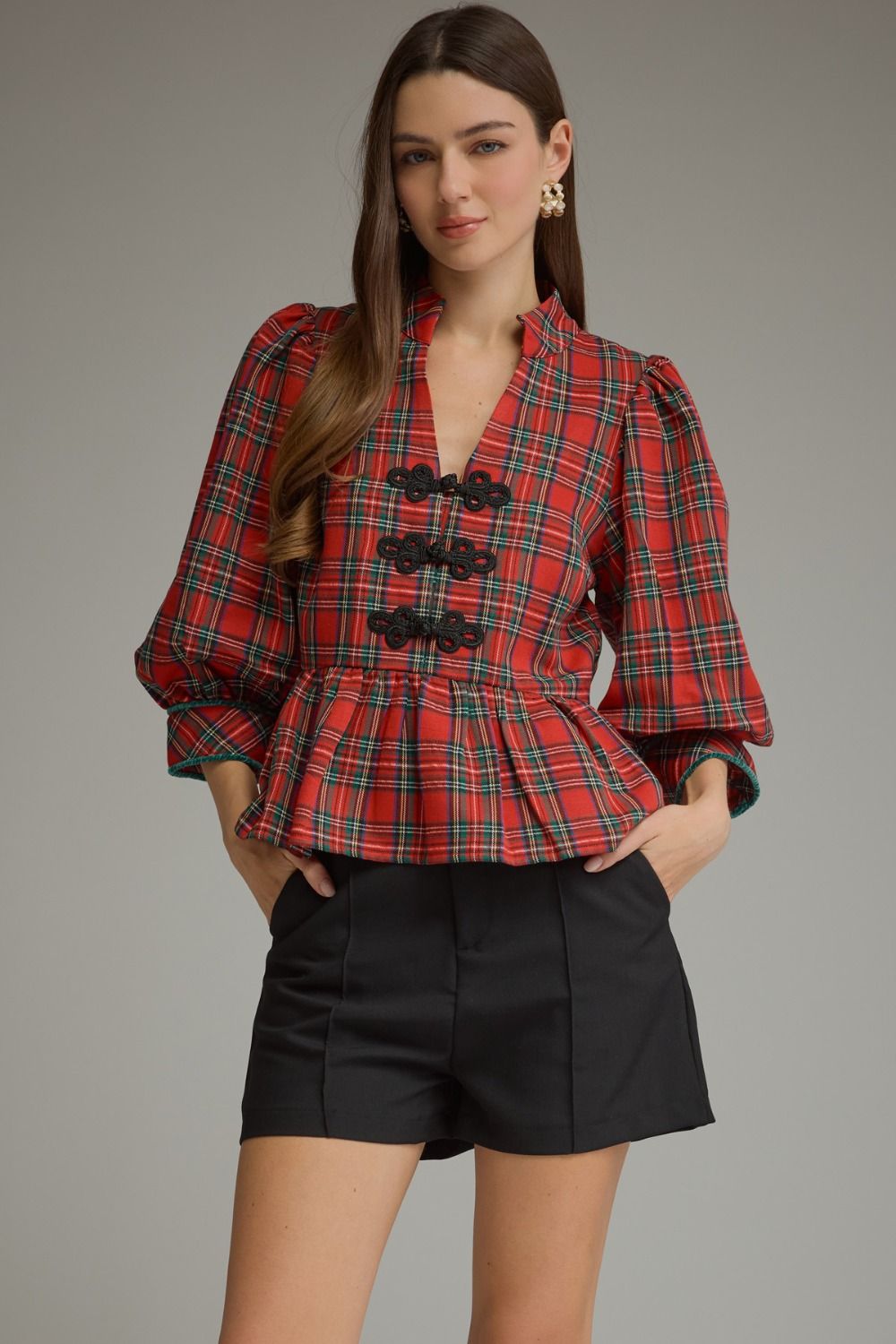 ENTRO INC Women's Top RED / S Holiday Plaid Peplum Top with Traditional Knot Details T33924