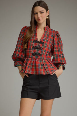 ENTRO INC Women's Top RED / S Holiday Plaid Peplum Top with Traditional Knot Details T33924