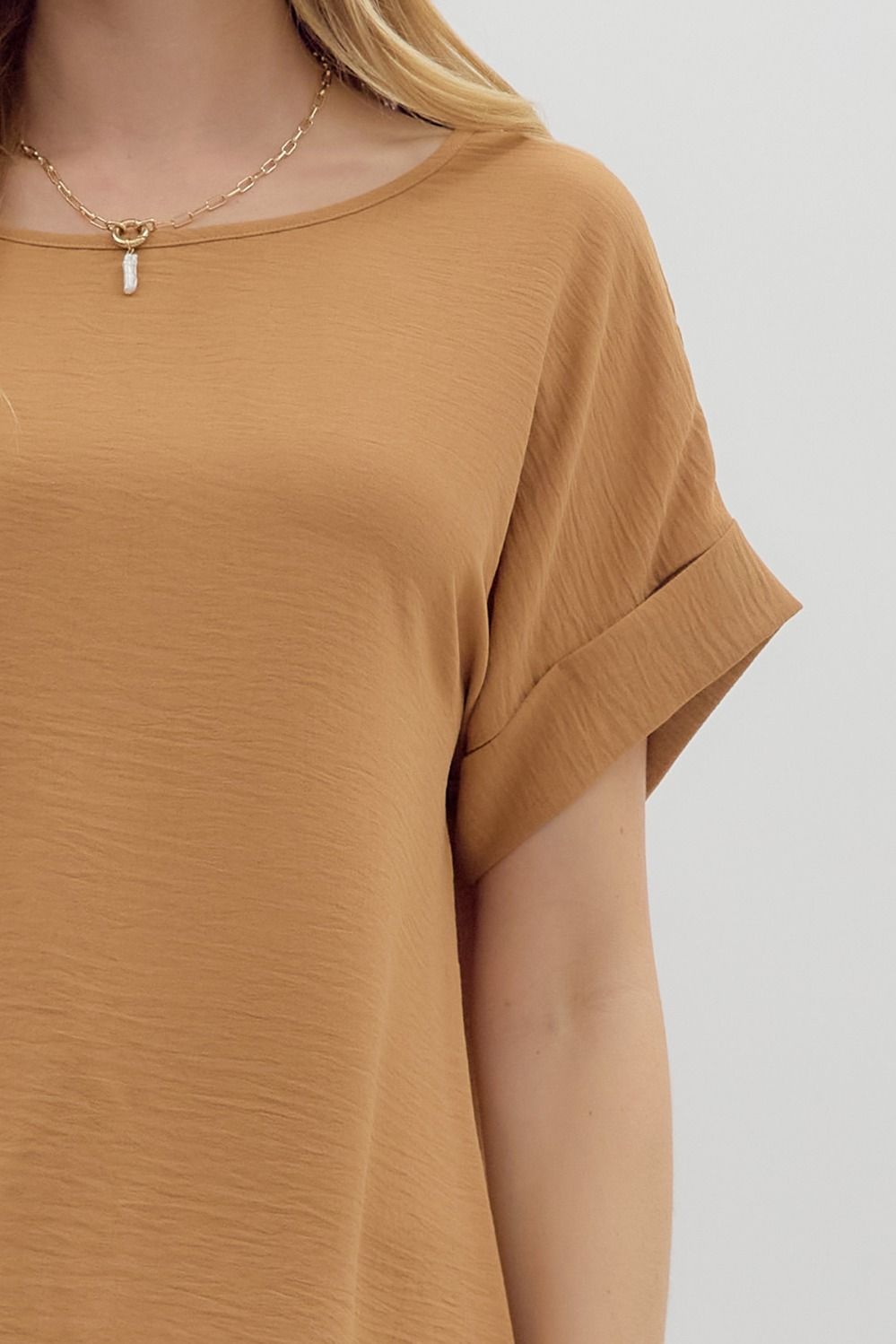 ENTRO INC Women's Top Round Neck Short Sleeve Roll-Up Top