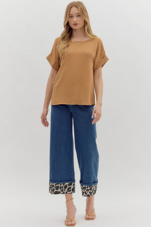 ENTRO INC Women's Top Round Neck Short Sleeve Roll-Up Top