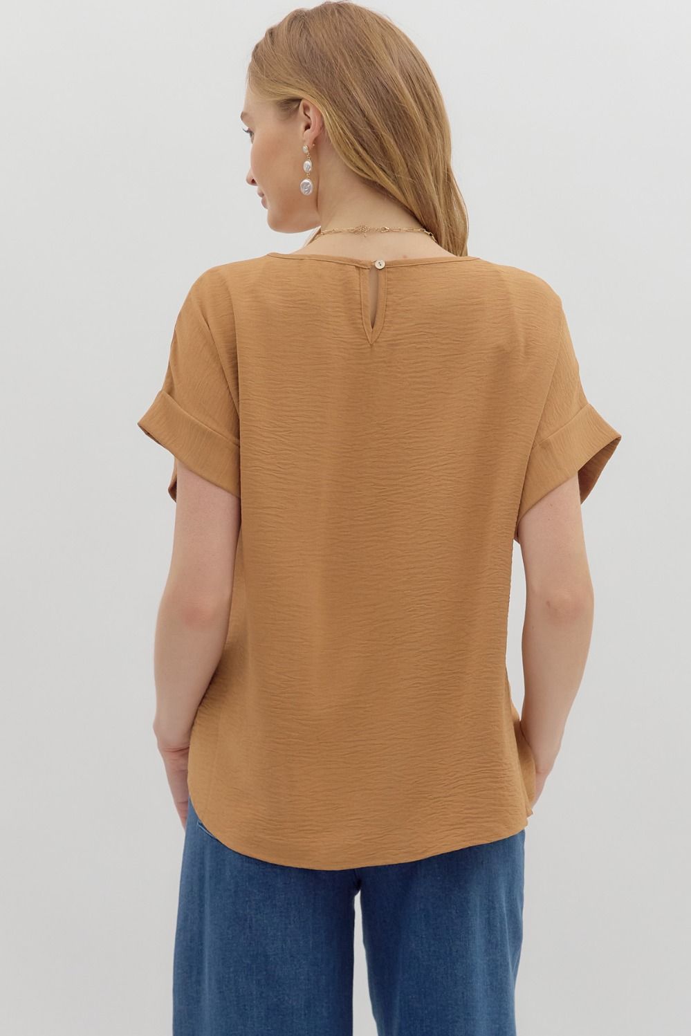 ENTRO INC Women's Top Round Neck Short Sleeve Roll-Up Top