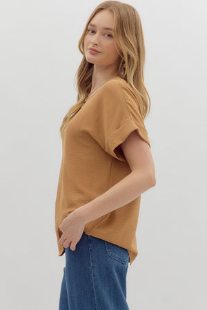ENTRO INC Women's Top Round Neck Short Sleeve Roll-Up Top