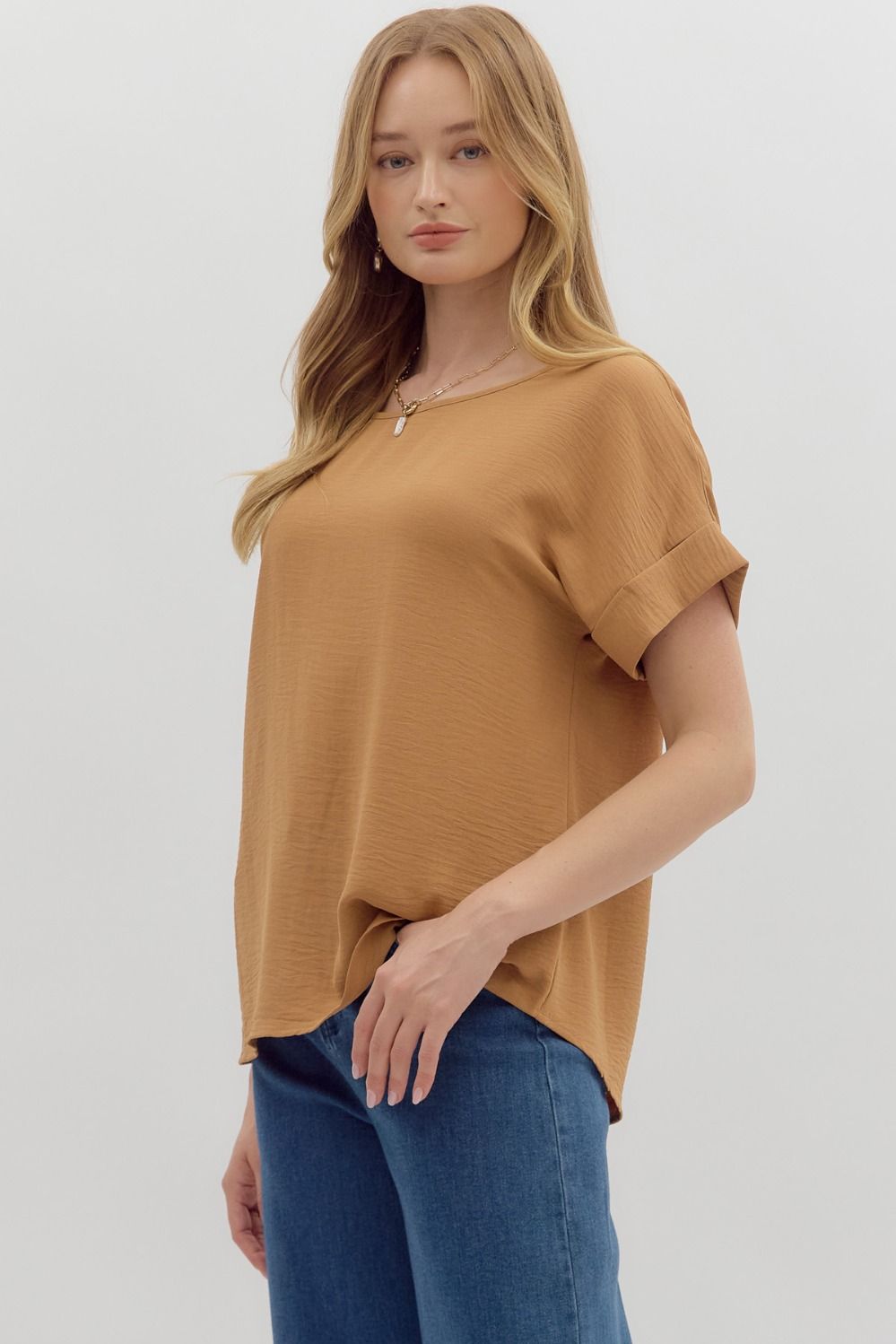 ENTRO INC Women's Top Round Neck Short Sleeve Roll-Up Top