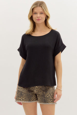 ENTRO INC Women's Top S / BLACK 1 - need pics of camel - Round Neck Short Sleeve Roll-Up Top T27131