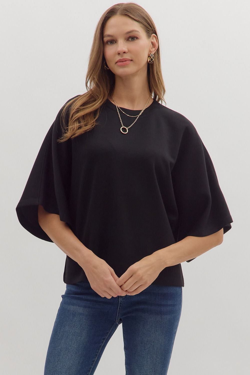 ENTRO INC Women's Top Solid Elbow Sleeve Top