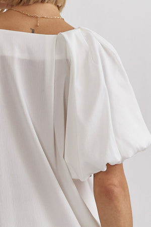 ENTRO INC Women's Top Solid Satin V-Neck Bubble Sleeve Top || David's Clothing