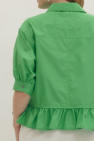 ENTRO INC Women's Top Solid Short Sleeve Ruffle Hem Button-Down Top