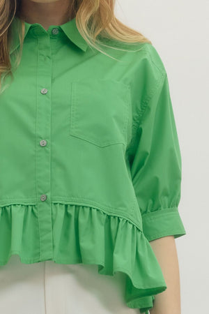 ENTRO INC Women's Top Solid Short Sleeve Ruffle Hem Button-Down Top