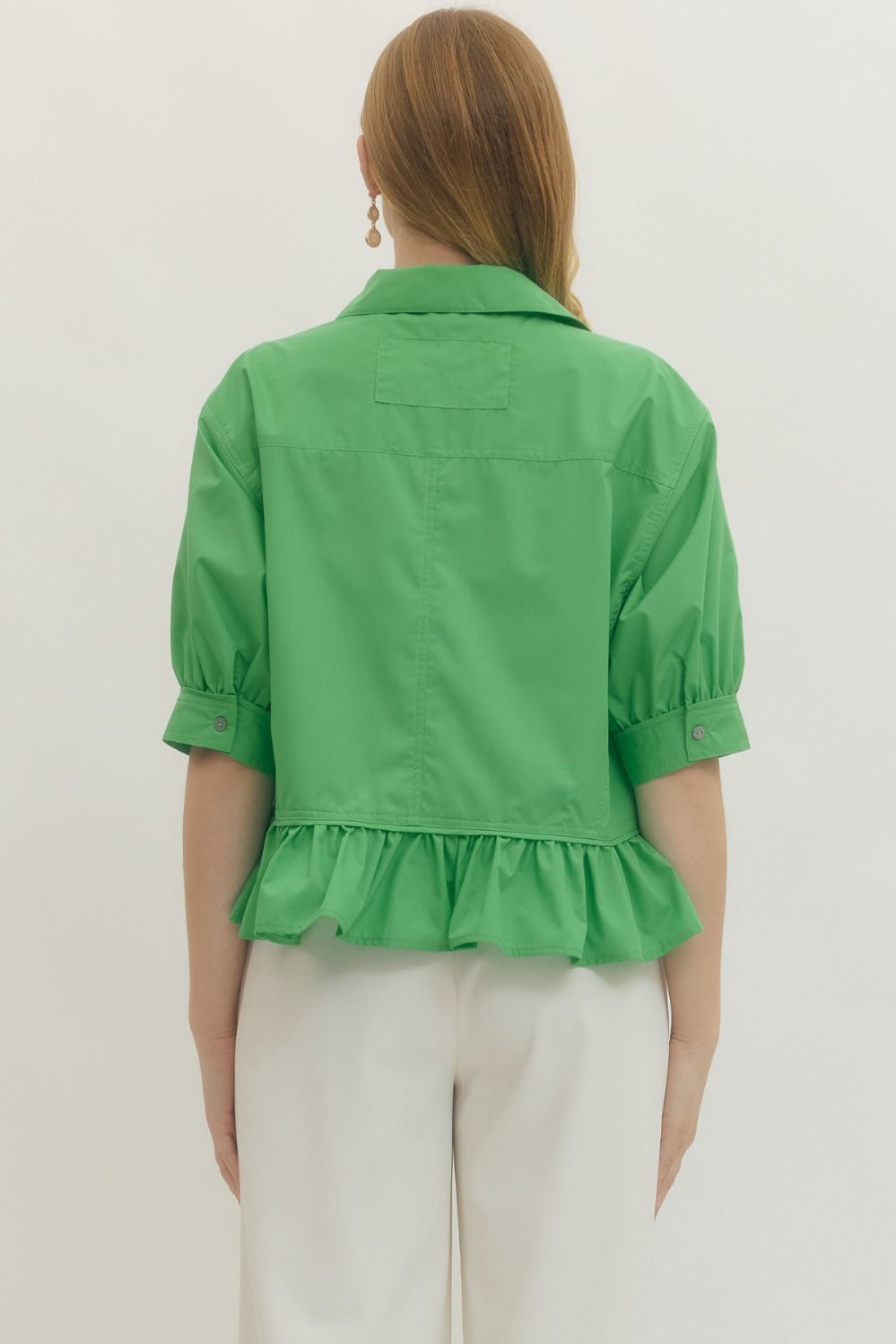 ENTRO INC Women's Top Solid Short Sleeve Ruffle Hem Button-Down Top