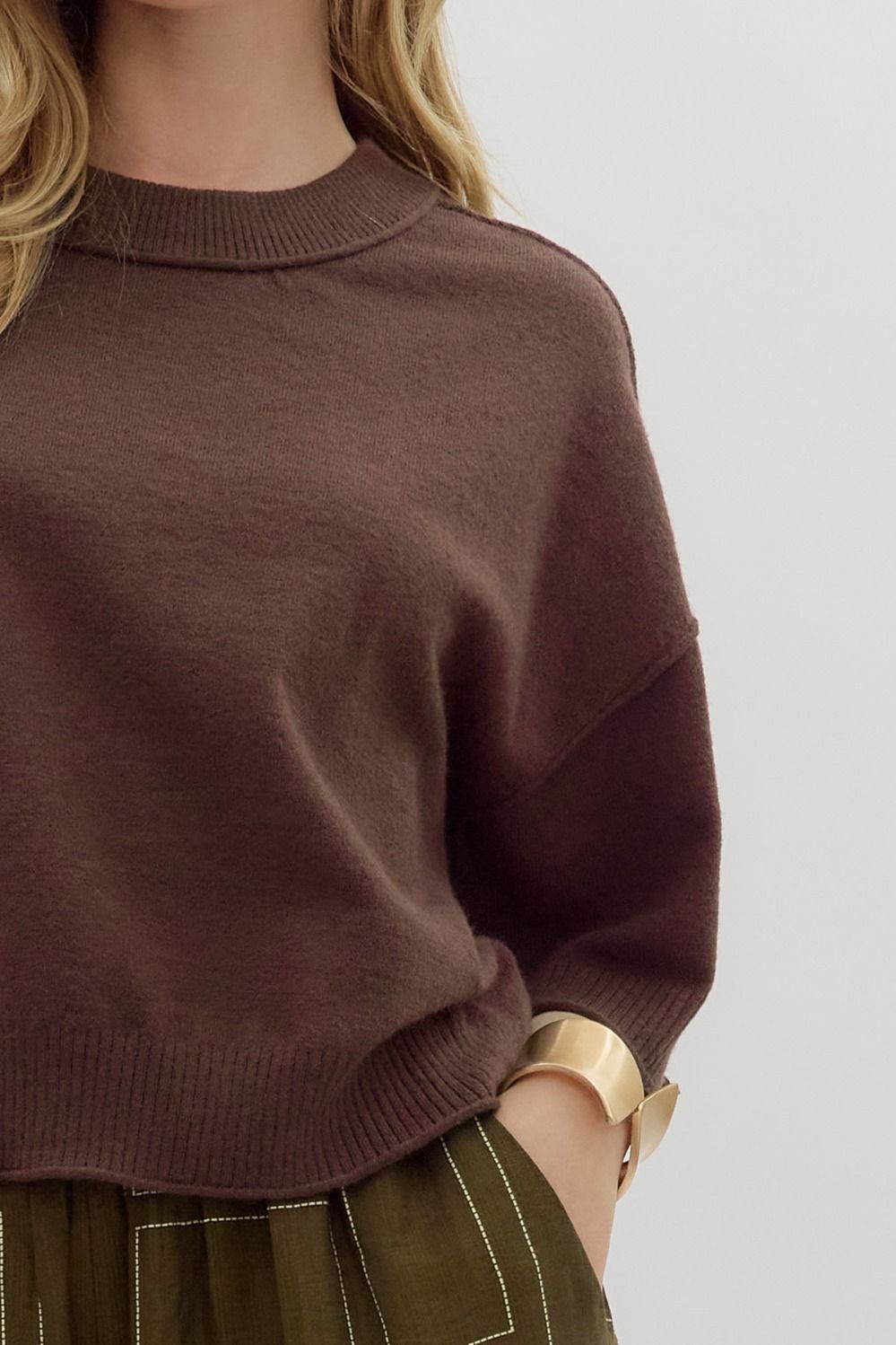 ENTRO INC Women's Top Solid Sweater Knit ¾ Wide Sleeve Pullover