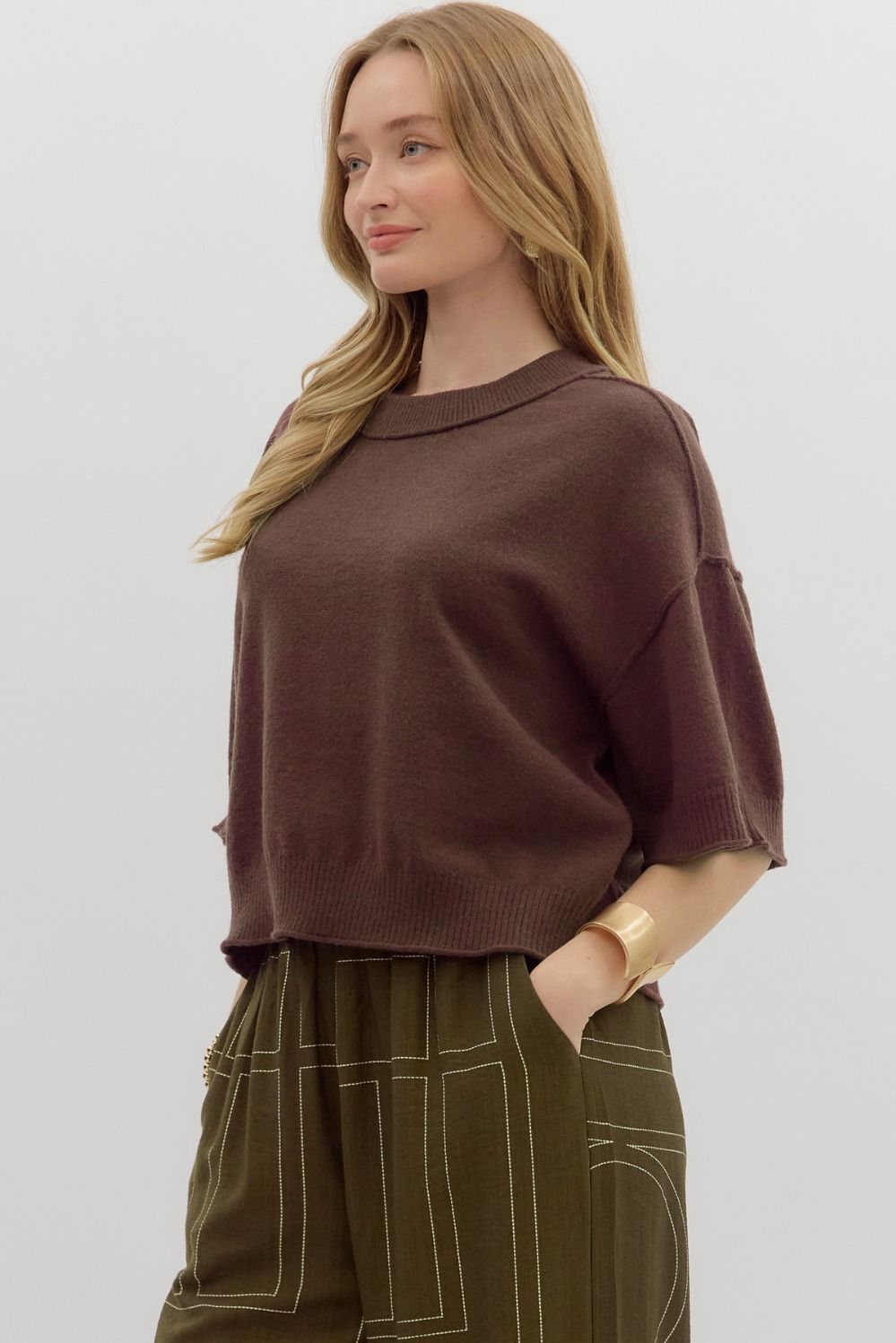 ENTRO INC Women's Top BROWN / S Solid Sweater Knit ¾ Wide Sleeve Pullover T27618