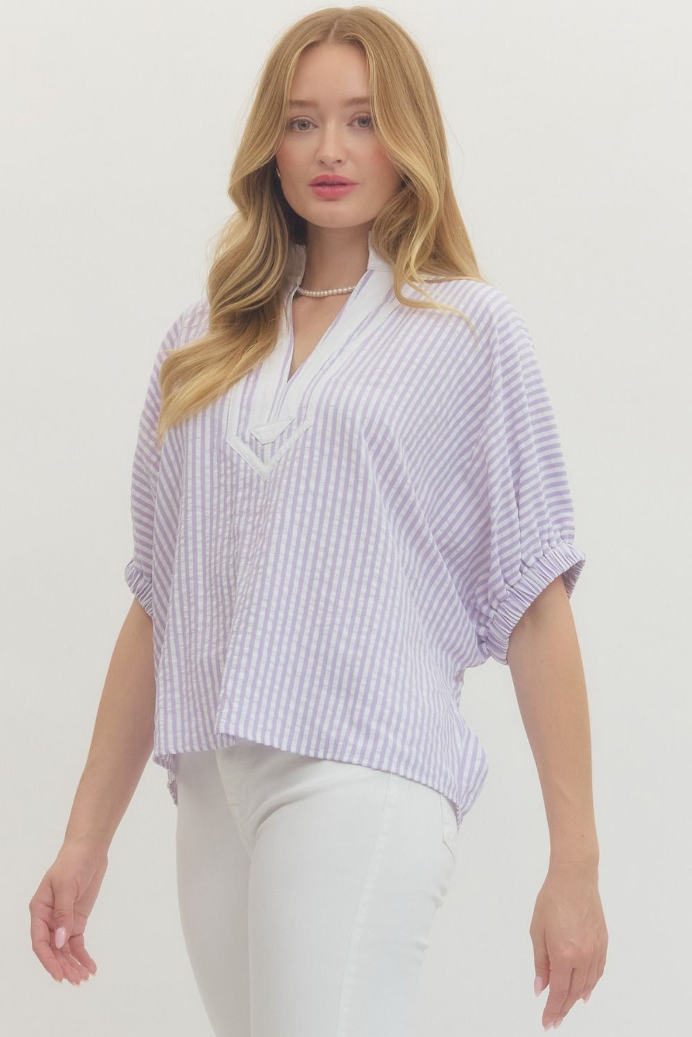 ENTRO INC Women's Top Striped Short Dolman Sleeve Top